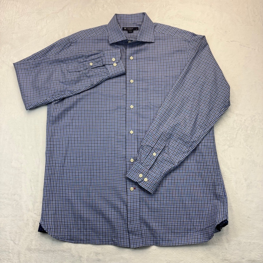 Cremieux Classics Mens Blue Black Micro Check Cotton Dress Shirt Large L 35 Slv